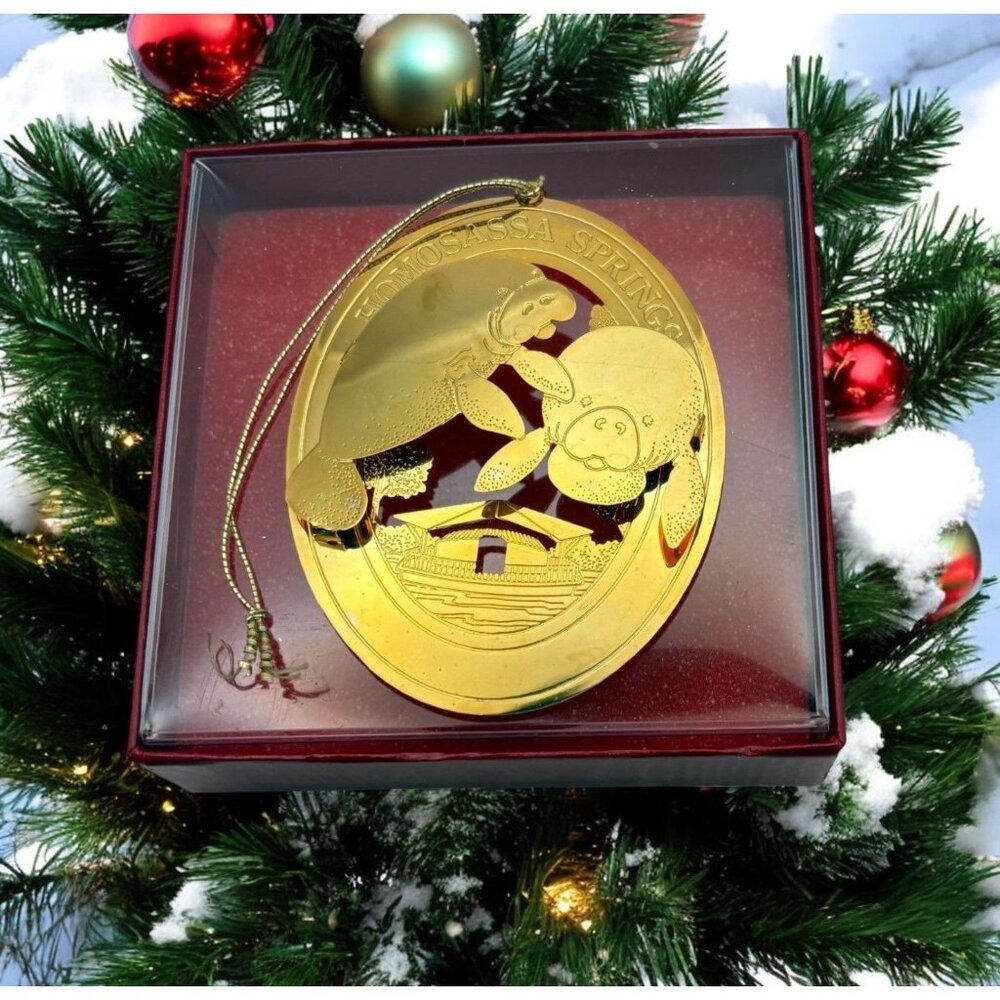 Vintage Gold Tone Manatee Christmas Ornament Homosassa Springs FL 3D